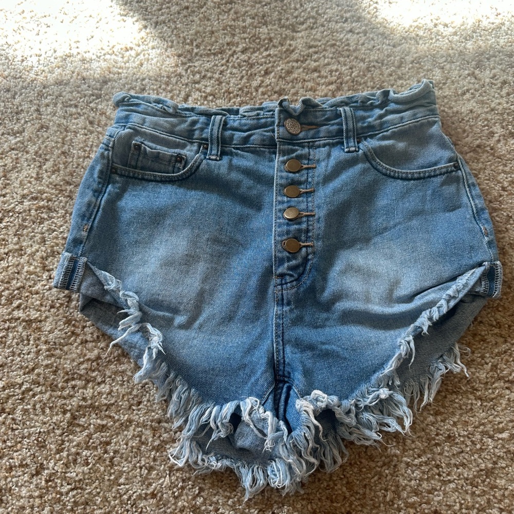 High Waist Blue Denim Shorts with Frayed Hem